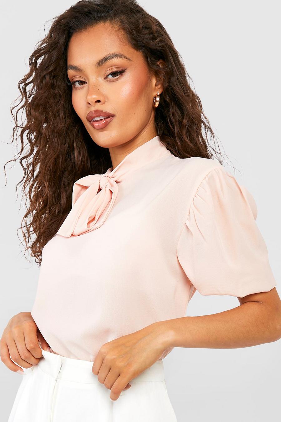 Nude Pussybow Puff Sleeve Woven Blouse image number 1