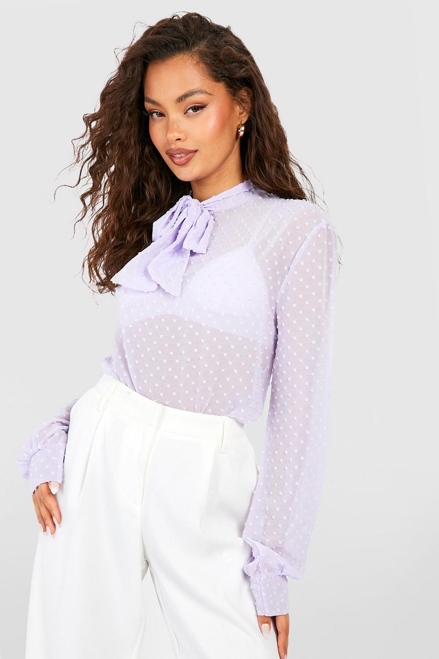 Lilac Sheer Dobby Mesh Pussybow Blouse image number 1