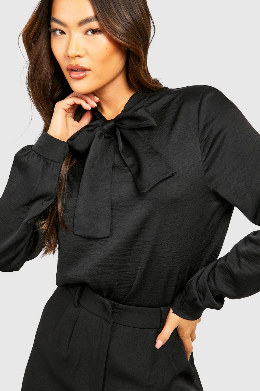 Black Textured Satin Pussybow Neck Blouse image number 1