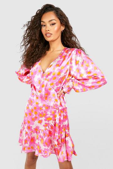 Floral Satin Ruffle Wrap Skater Dress pink