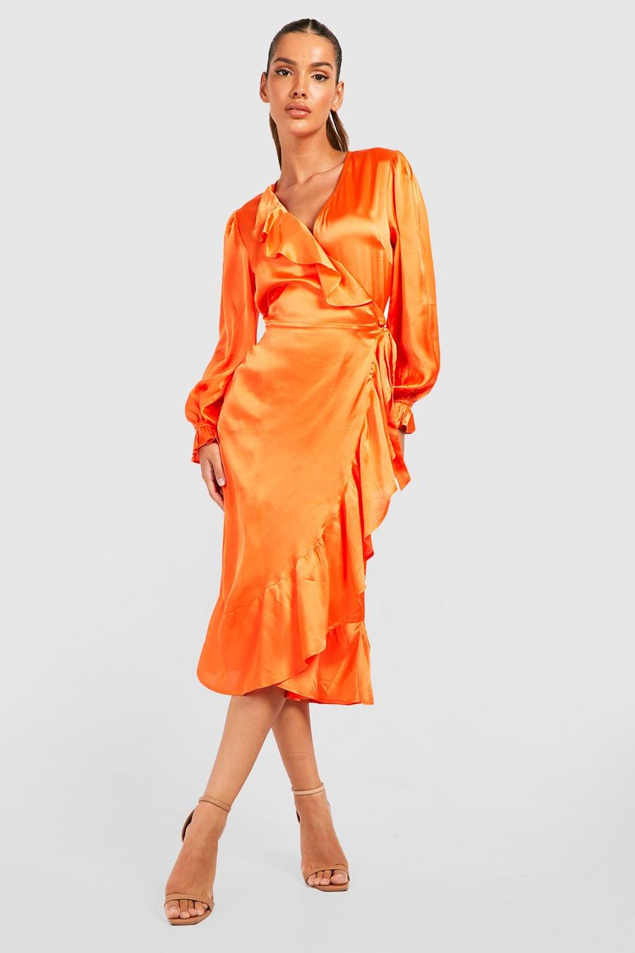 Orange Satin Ruffle Wrap Skater Midi Dress image number 1