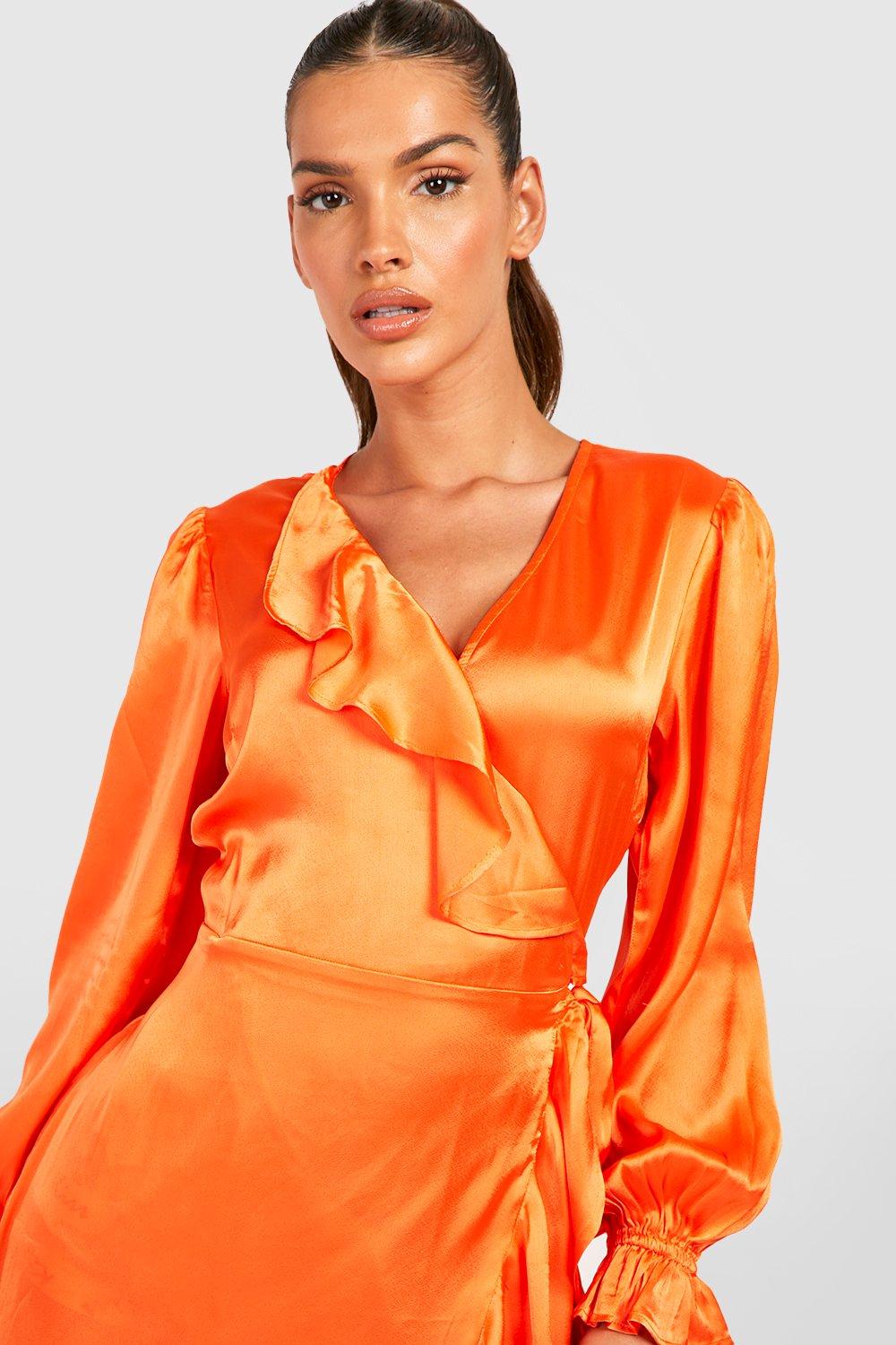 Satin Ruffle Wrap Skater Midi Dress boohoo USA