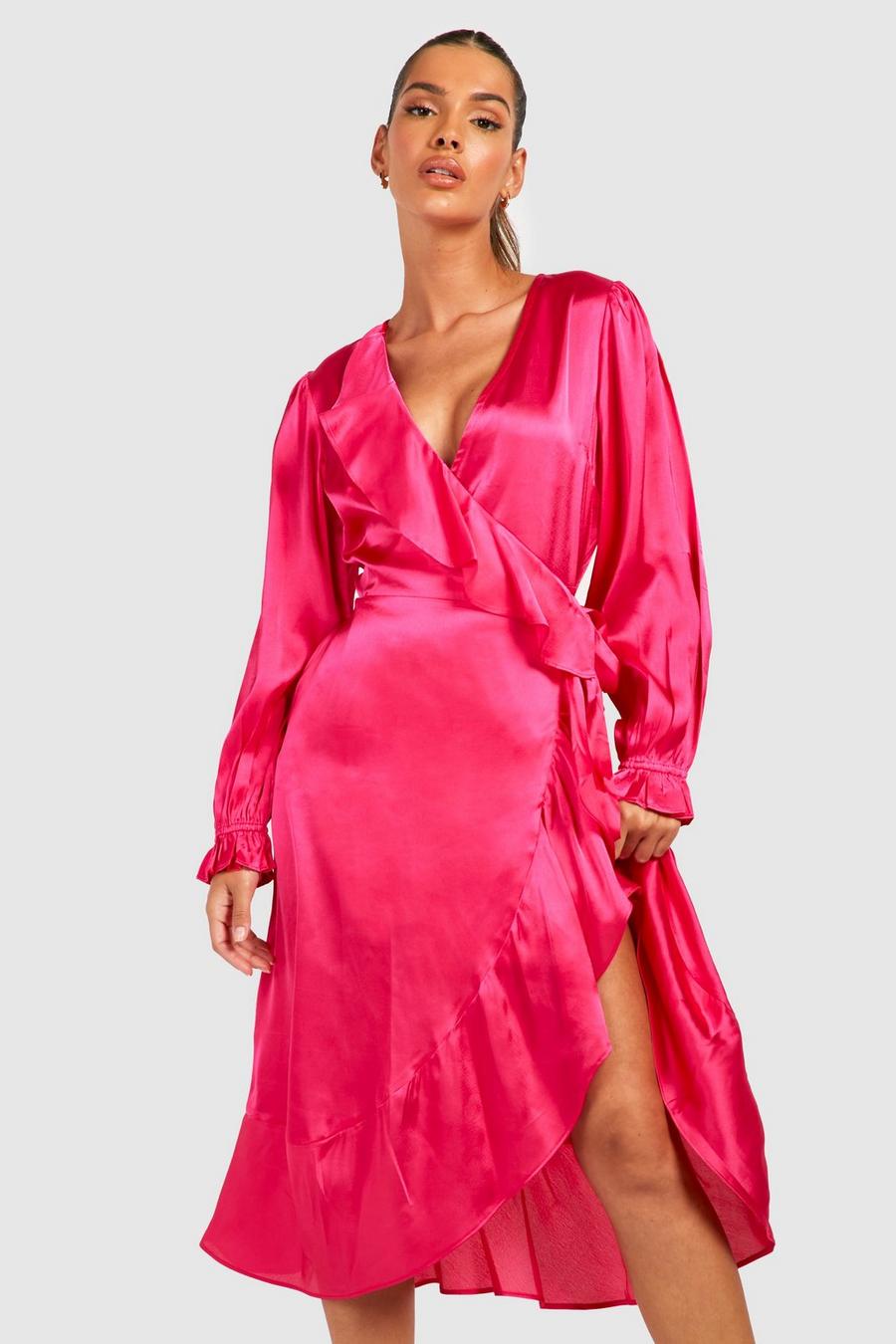 Pink Satin Ruffle Wrap Skater Midi Dress Maternity image number 1