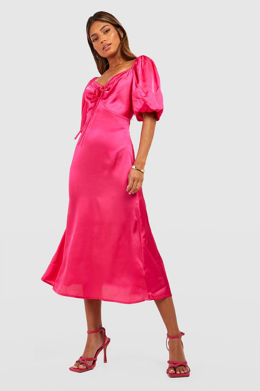 Hot pink rose Satin Ruched Puff Sleeve Midi Dress