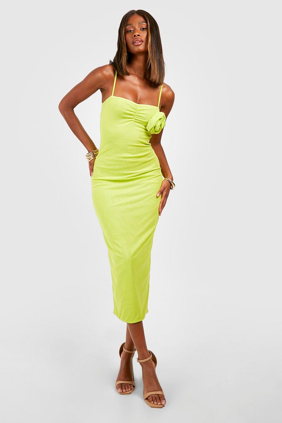 Lime green Mesh Rose Detail Strappy Midi Dress image number 1