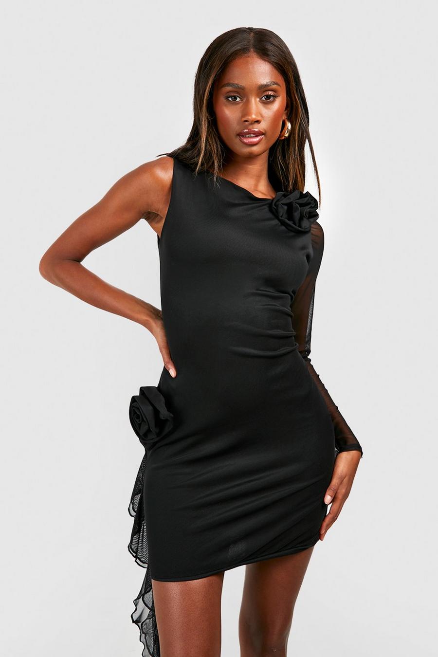 Black Mesh Rose Detail Asymmetric Mini Dress image number 1