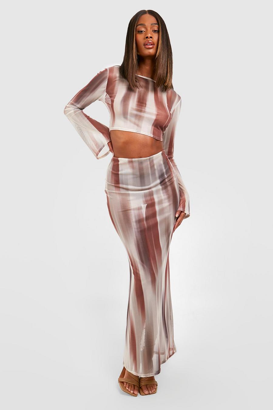 Sand Abstract Mesh Flared Sleeve Crop & Maxi Skirt  image number 1