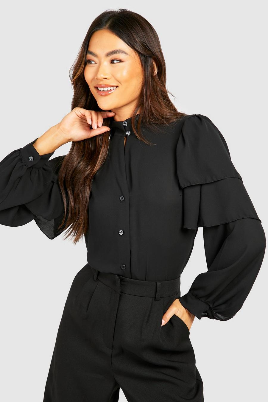 Black Woven Ruffle Shoulder Puff Sleeve Blouse image number 1