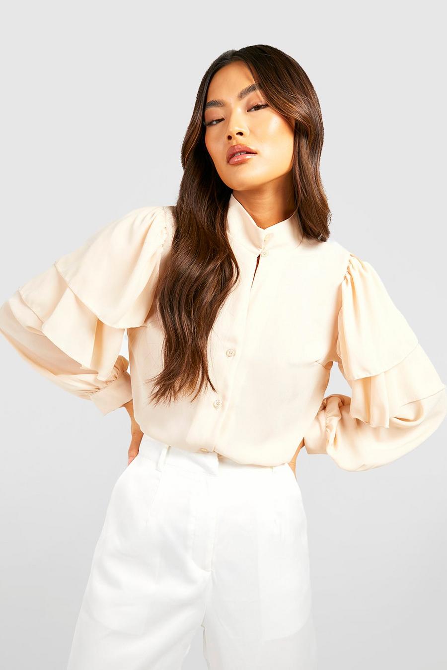 Cream Woven Ruffle Shoulder Puff Sleeve Blouse image number 1