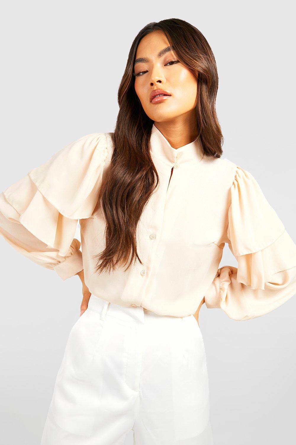 Cream Woven Ruffle Shoulder Volume Sleeve Blouse