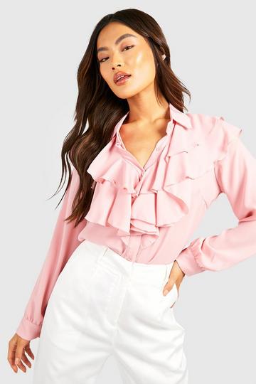 Woven Volume Ruffle Front Blouse blush