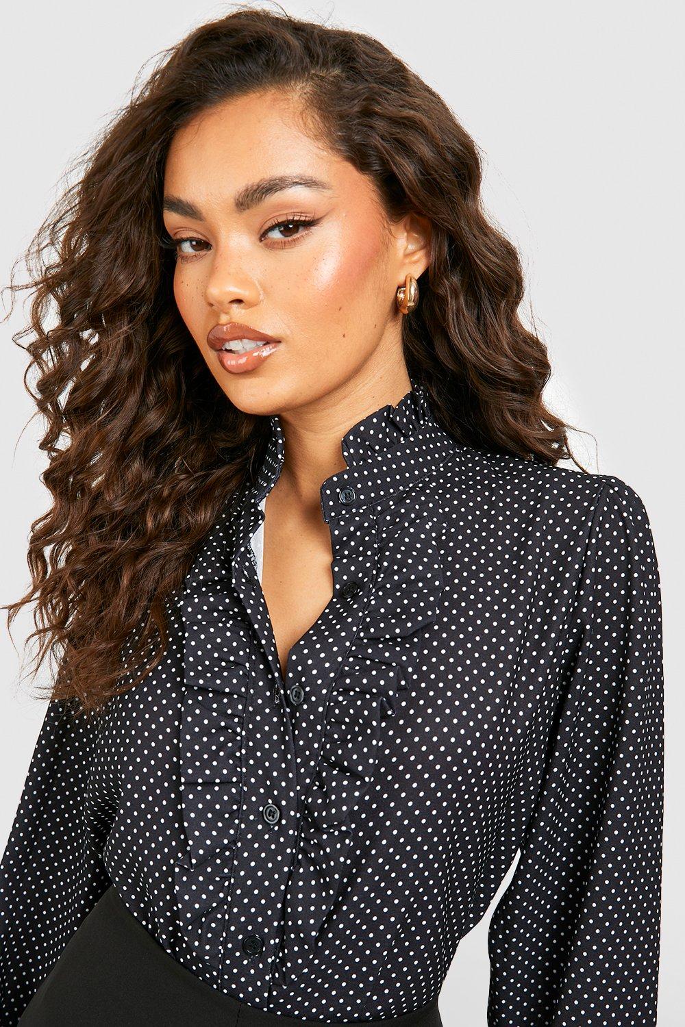 Women's Polka Dot Ruffle Neck & Front Blouse