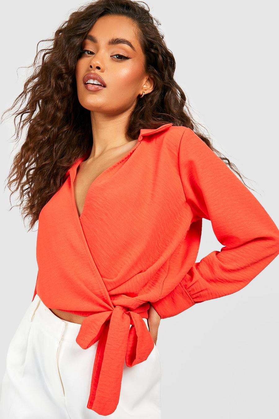 Red orange Hammered Tie Waist Wrap Front Blouse image number 1