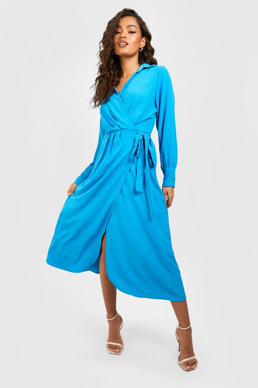 Azure Hammered Wrap Front Pleat Waist Shirt Dress