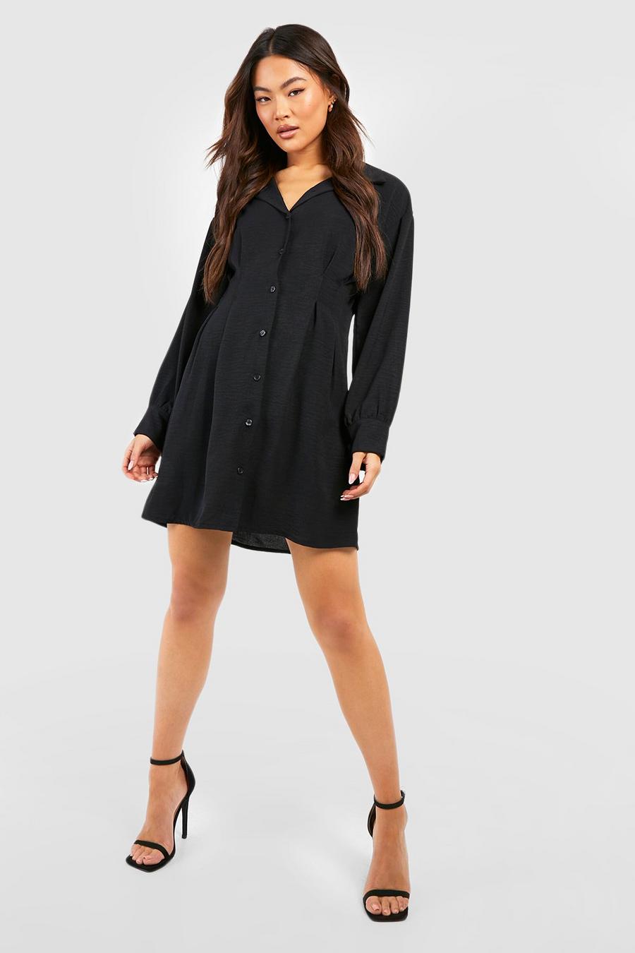 Black Hammered Pleat Front Puff Sleeve Shirt Dress image number 1