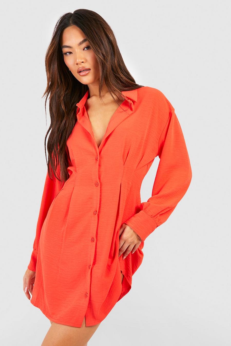 Red orange Hammered Pleat Front Volume Sleeve Shirt Dress image number 1