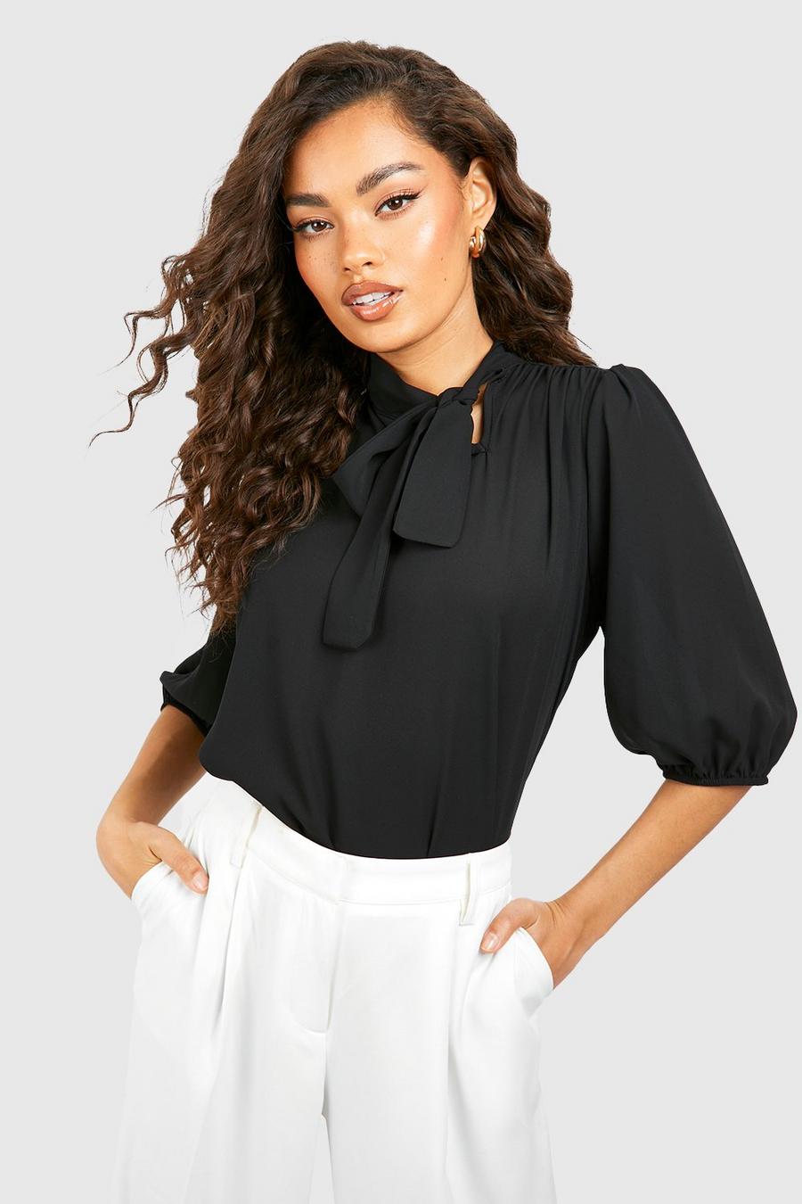 Black Woven Pleat Front Pussybow Blouse 