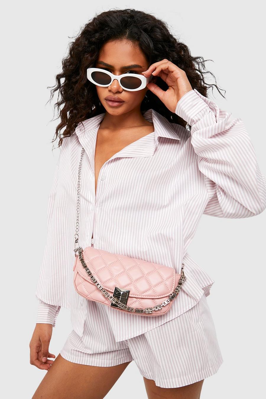 Pink Quilted Oval Shape Crossbody Bag 