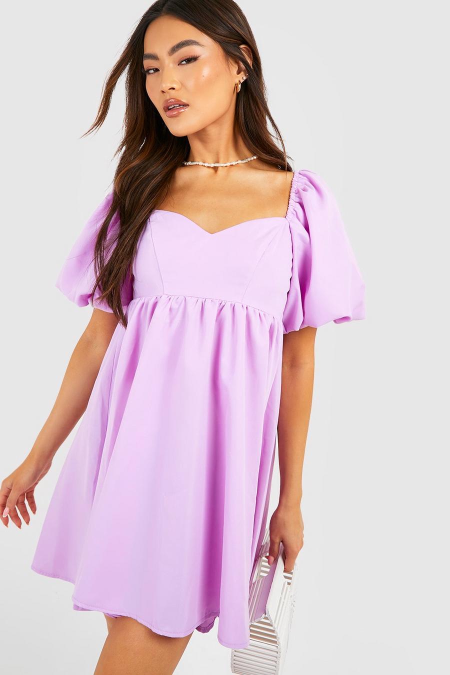 Purple Poplin Shirred Cuff Skater Dress