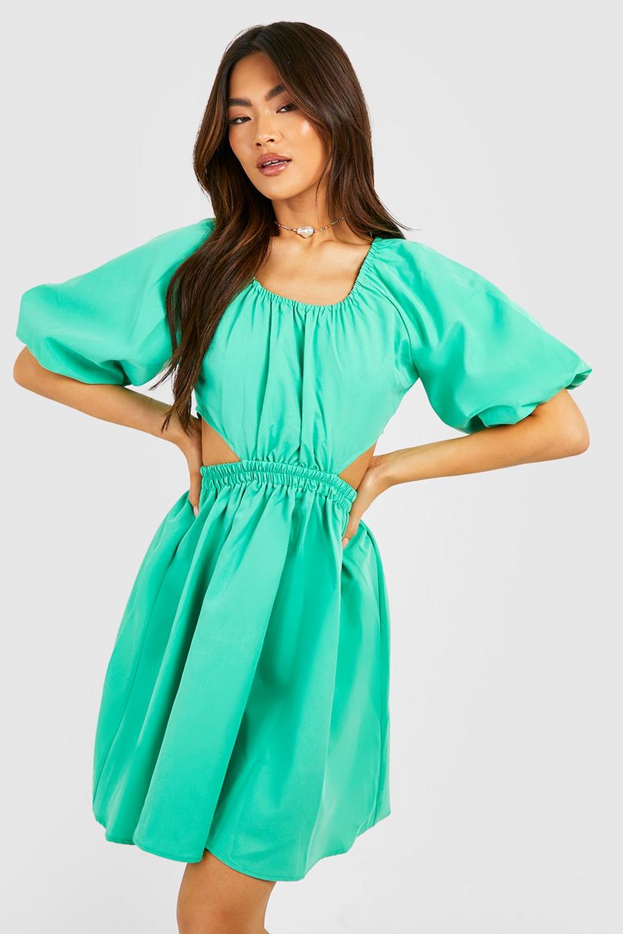 Bright green Poplin Puff Sleeve Cut Out Skater Dress image number 1