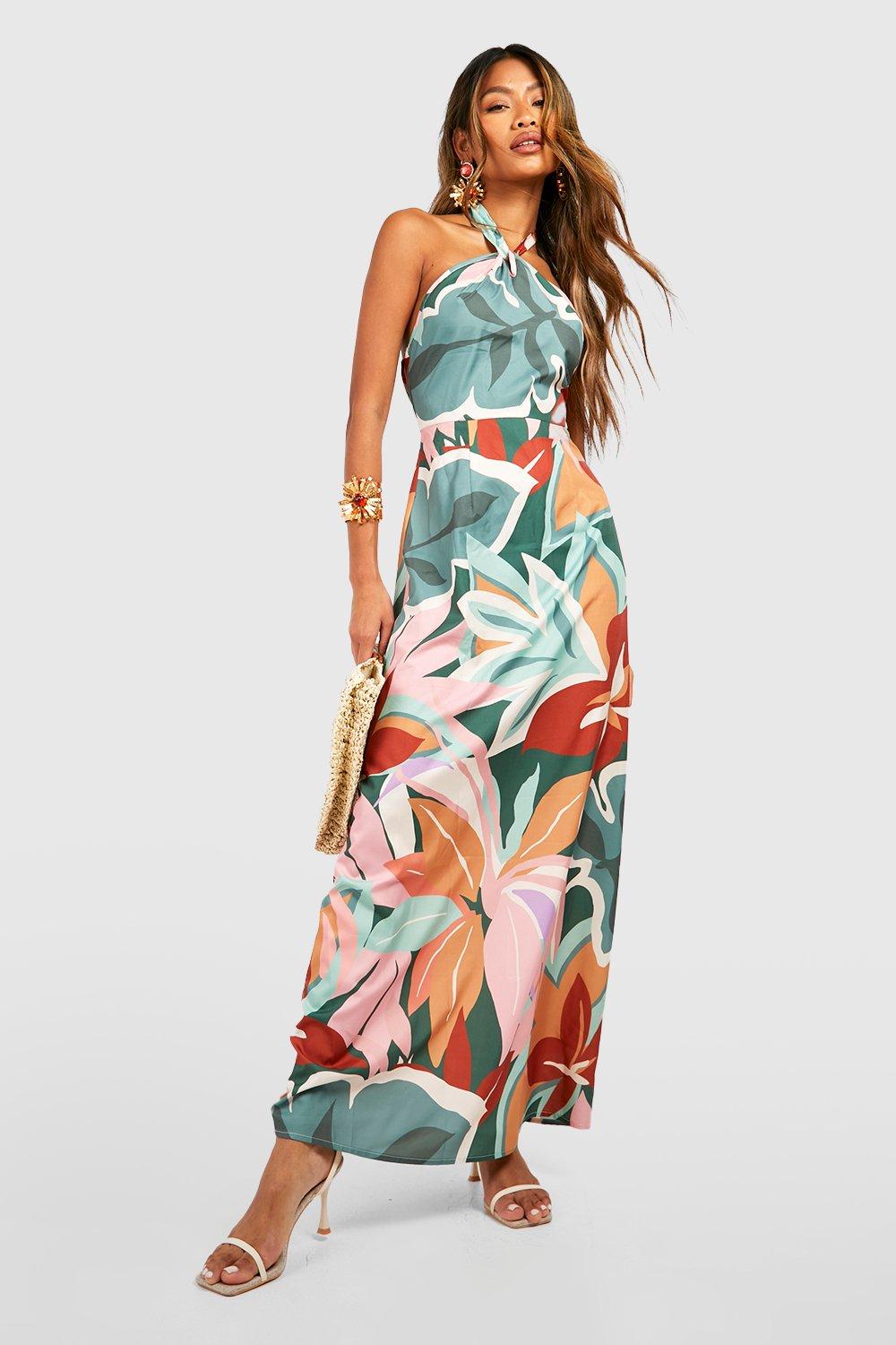 Hawaiian Print Halter Maxi Dress