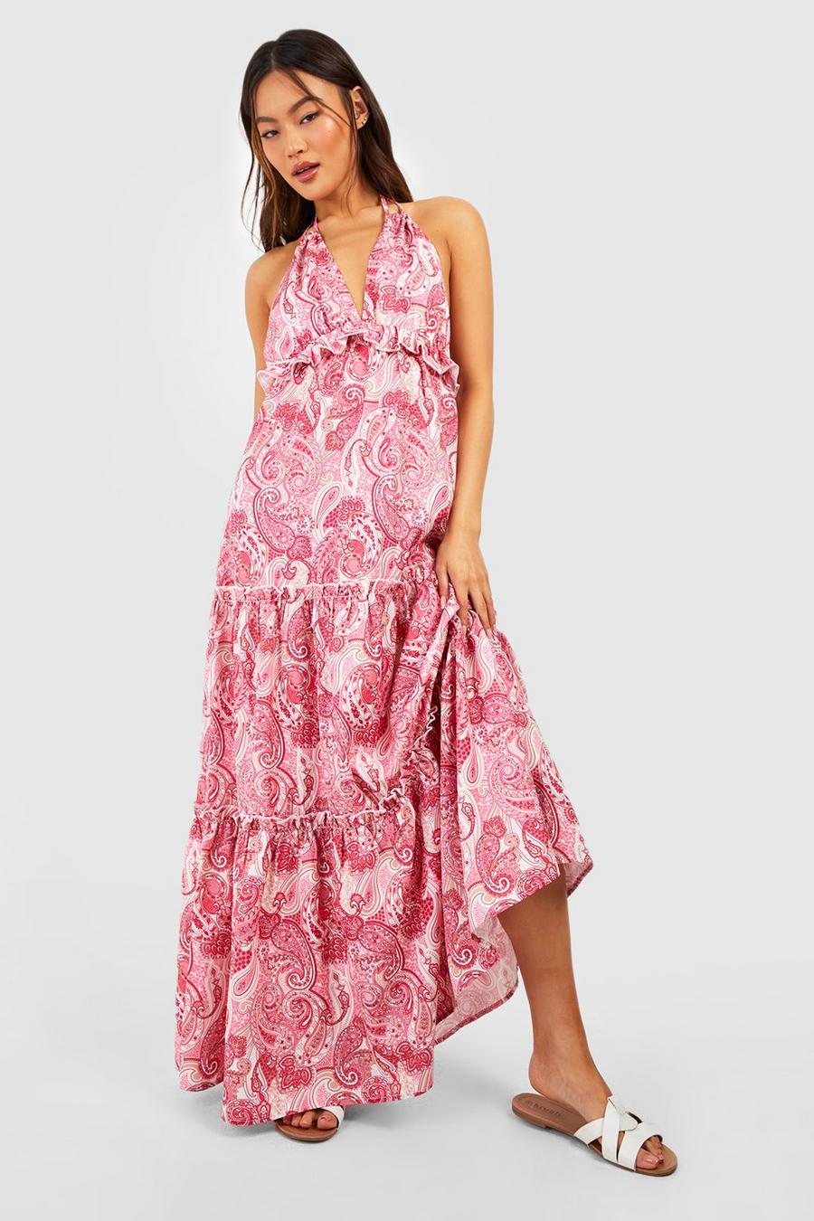 Pink Paisley Print Tiered Maxi Dress