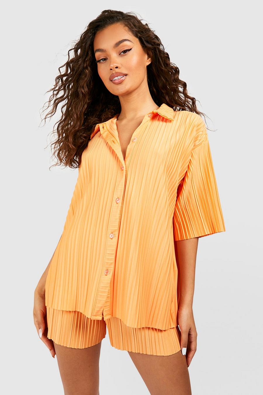 Camisa plisada mate holgada, Tangerine