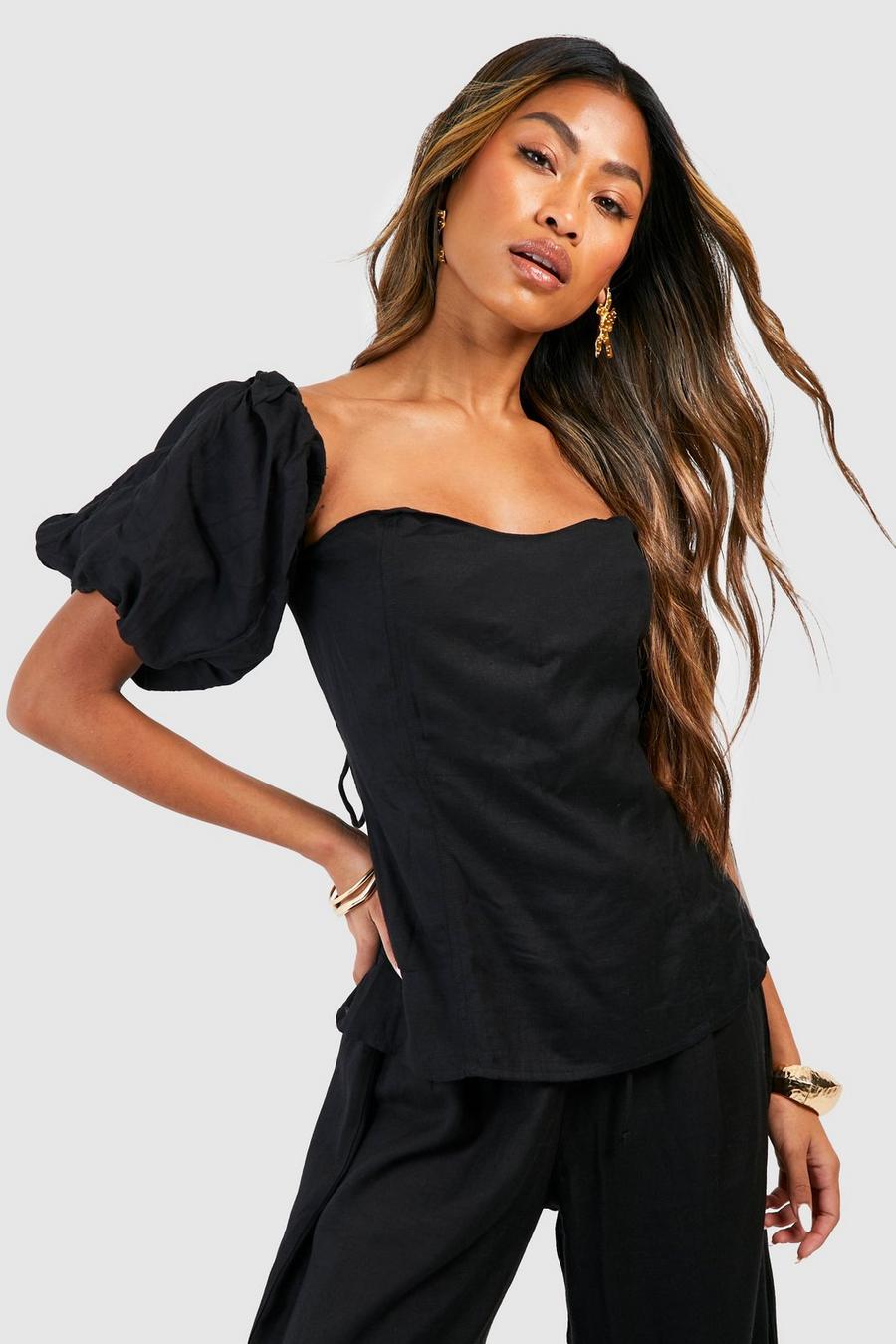 Black Puff Sleeve Linen Square Neck Top image number 1
