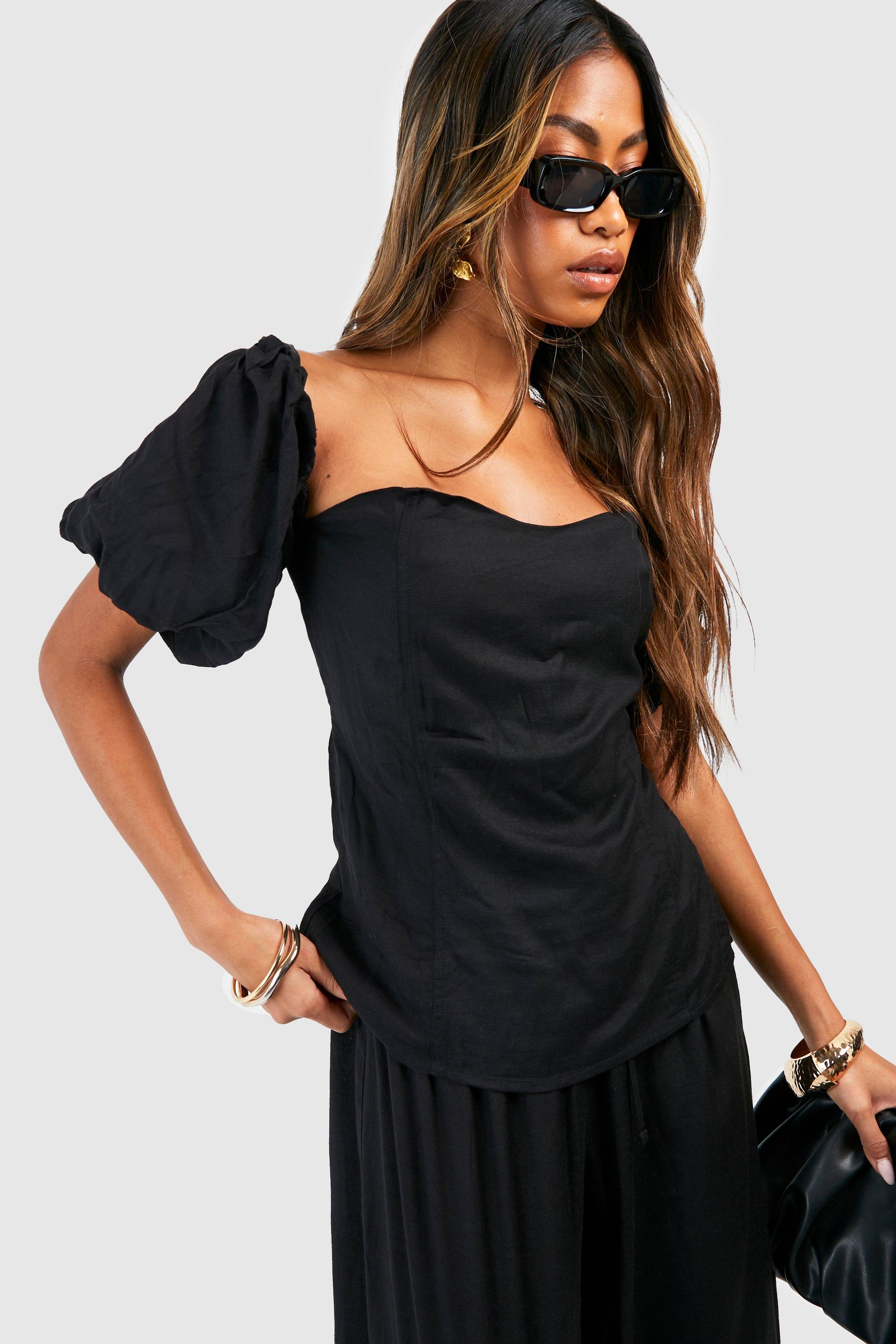 Puff Sleeve Linen Look Square Neck Top | boohoo