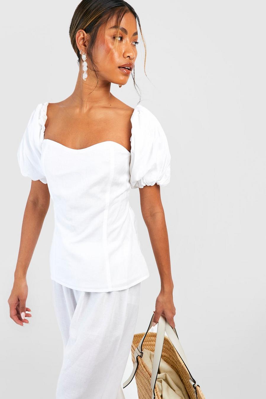 White Puff Sleeve Linen Square Neck Top image number 1