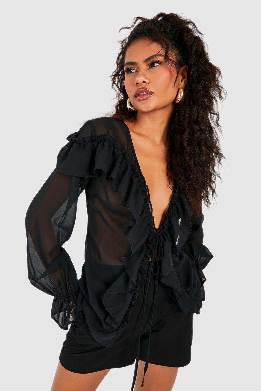 Black Ruffle Detail Tie Front Blouse  image number 1