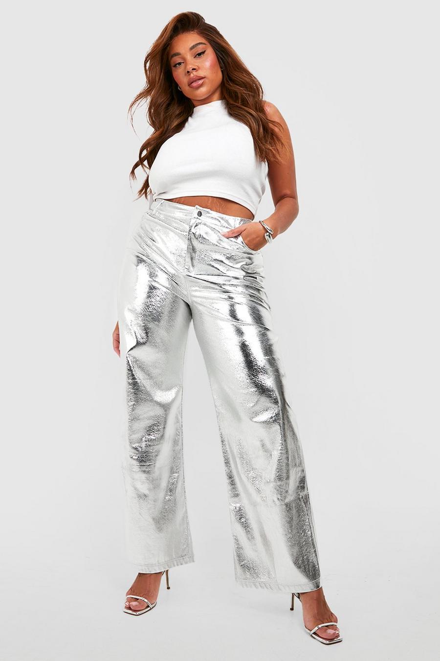 Silver Plus Metallic Wide Leg Trousers  image number 1