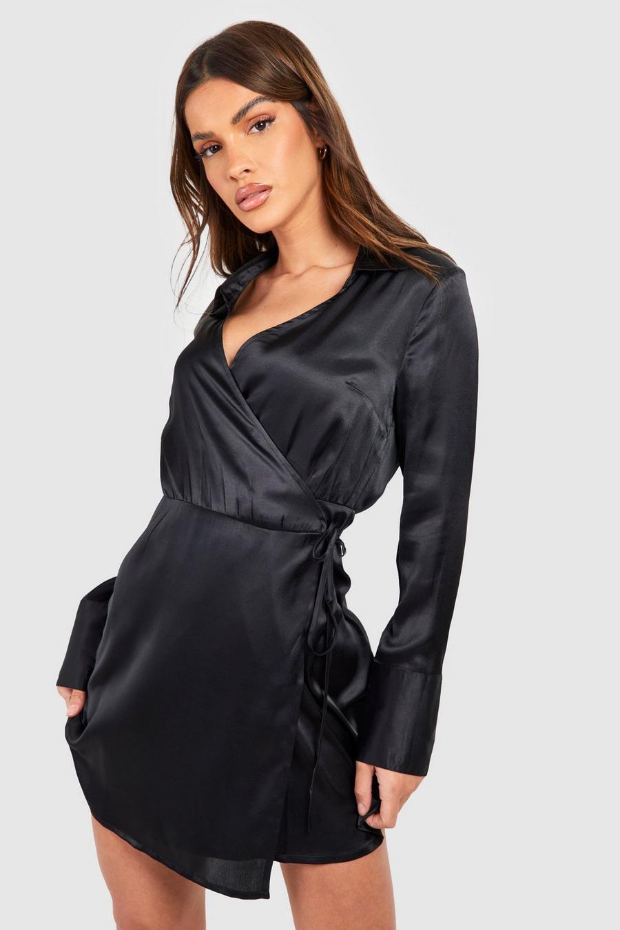 Black Skjortklänning i satin med knytskärp image number 1