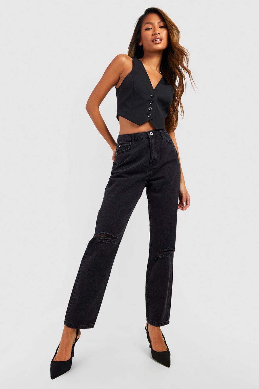 Black High Waisted Ripped Knee Mom Jeans image number 1