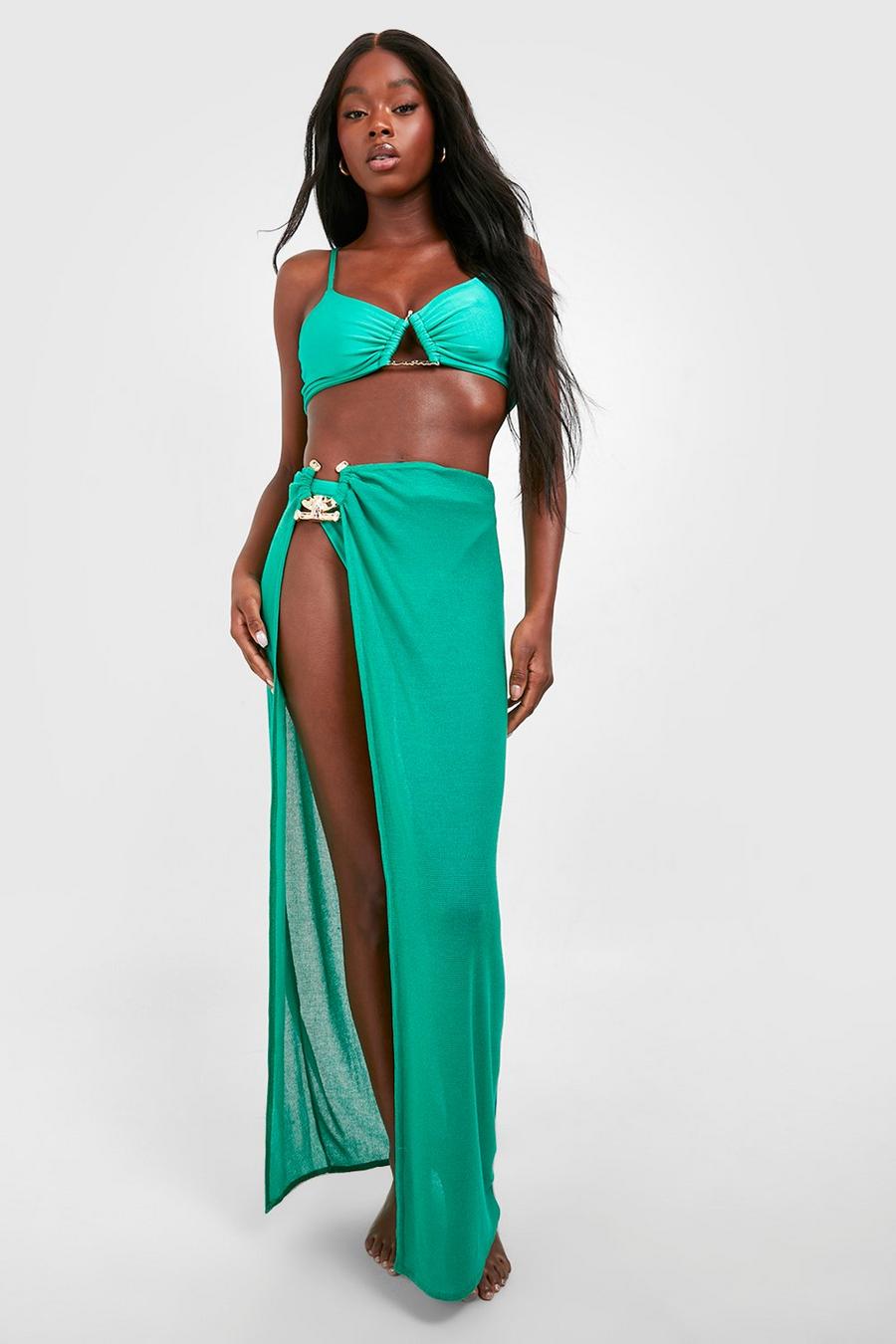 Green Gold Trim Side Split Knitted Beach Maxi Skirt image number 1