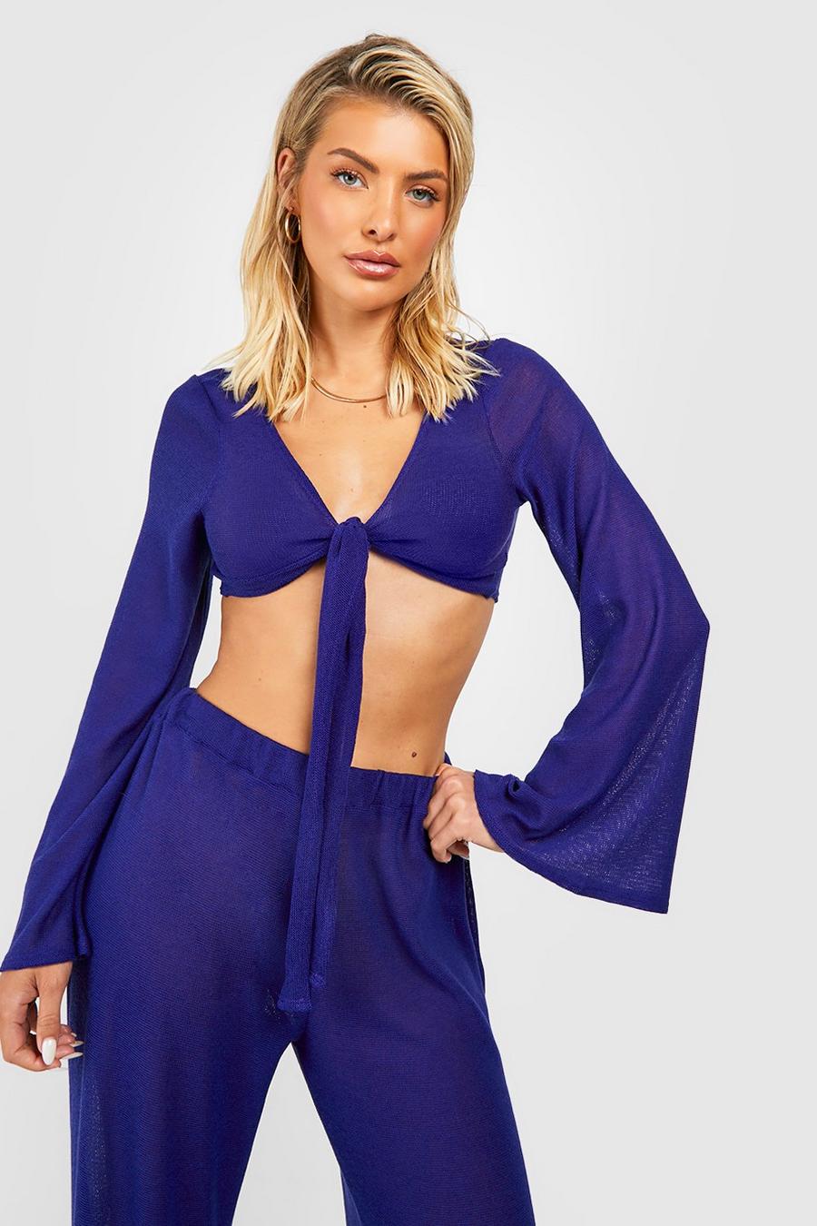 Cobalt Tie Front Flare Sleeve Knitted Beach Shirt image number 1