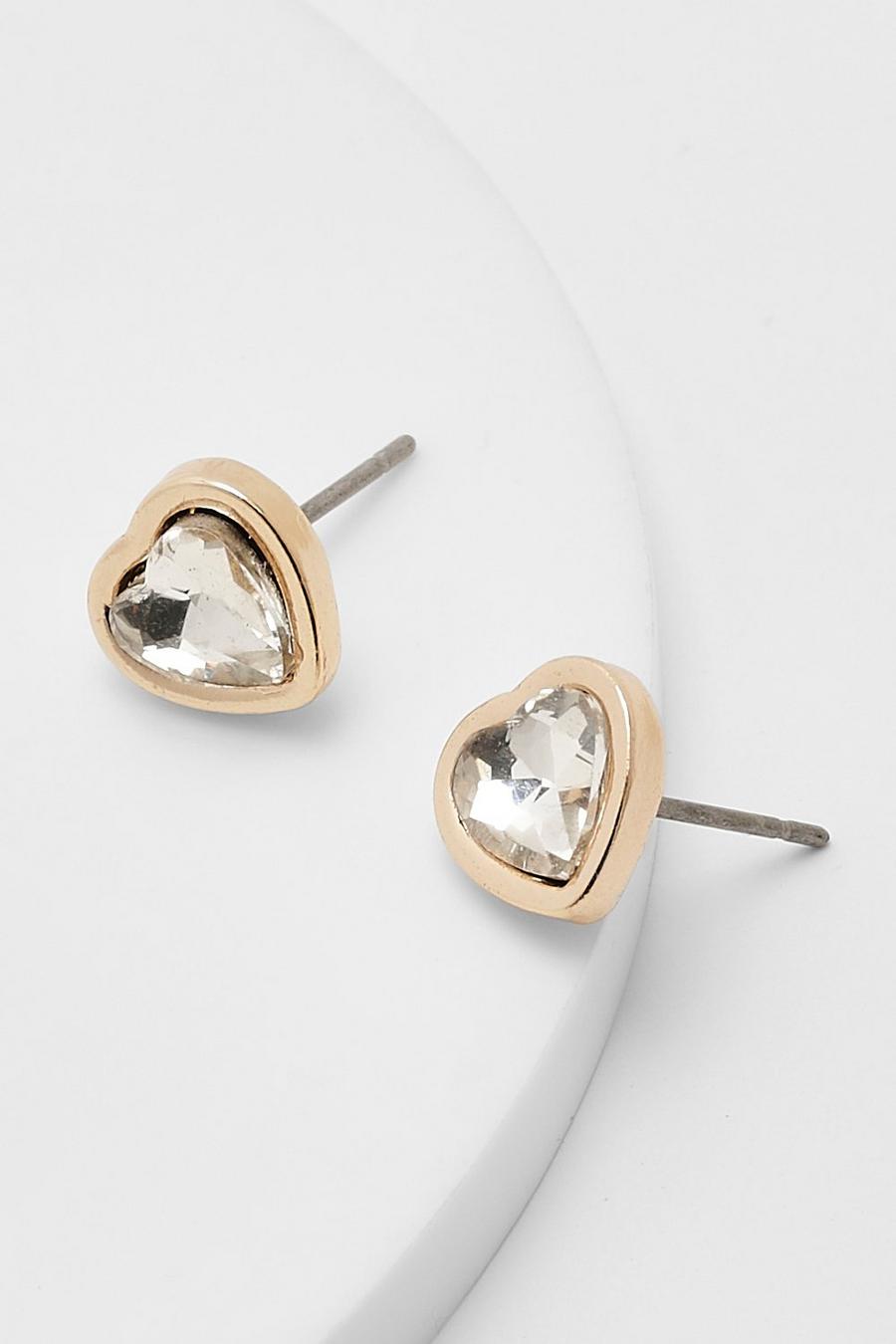 Gold Heart Diamante Stud Earrings 