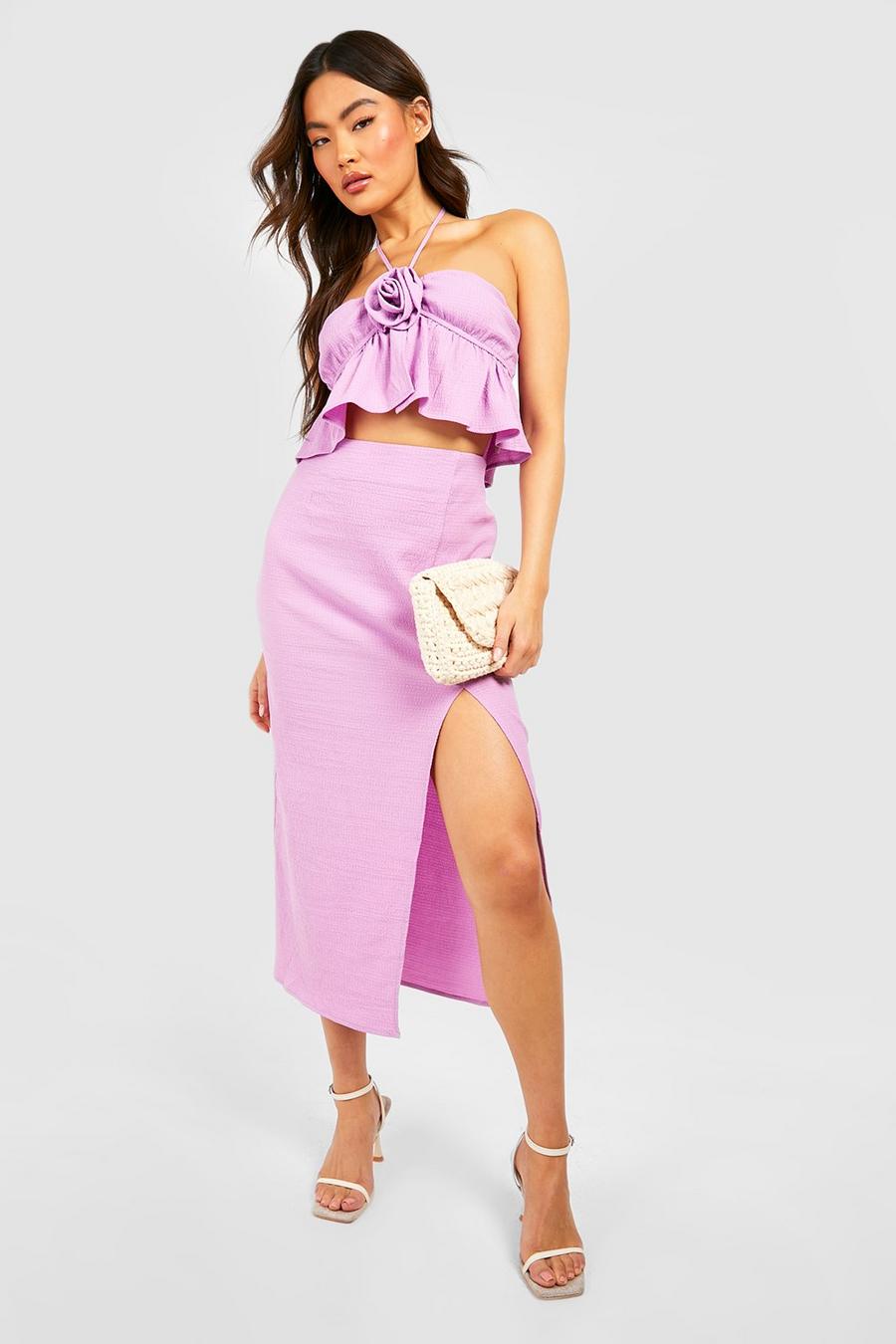 Lilac Textured Woven Thigh Split Midi Skirt image number 1