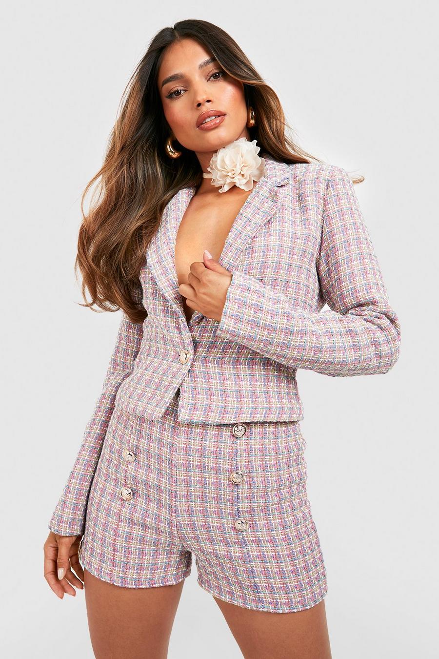Pink rosa Tweed Check Button Front Tailored Shorts
