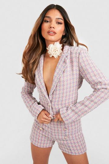 Pink Tweed Flannel Cropped Tailored Blazer