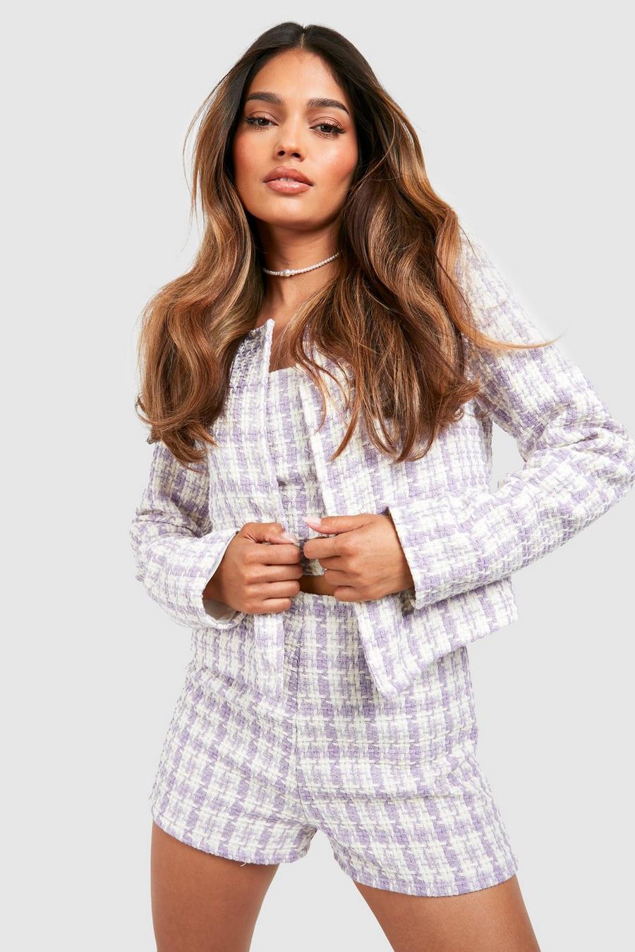 Lilac Tweed Check Relaxed Fit Crop Jacket image number 1