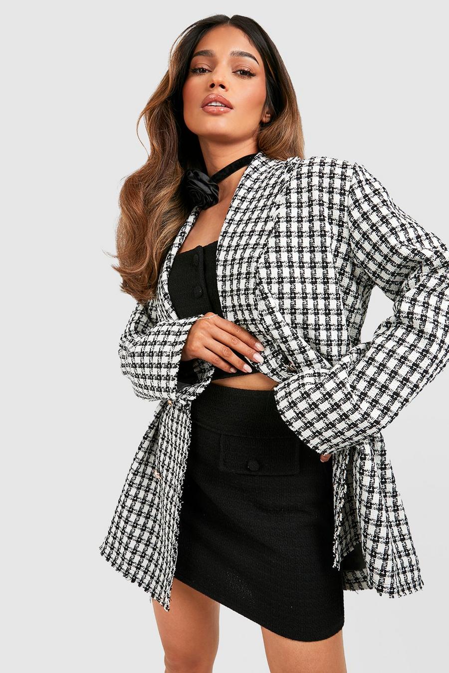 Black Tweed Check Double Breasted Frayed Hem Tailored Blazer