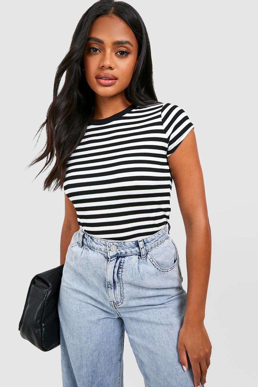 Black Striped Cap Sleeve T-Shirt image number 1