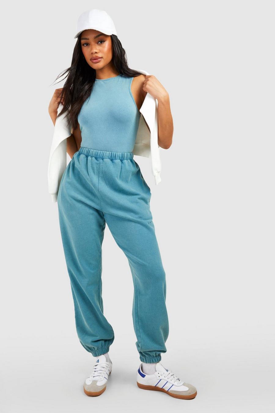 Blue Washed High Waisted Track Pants image number 1