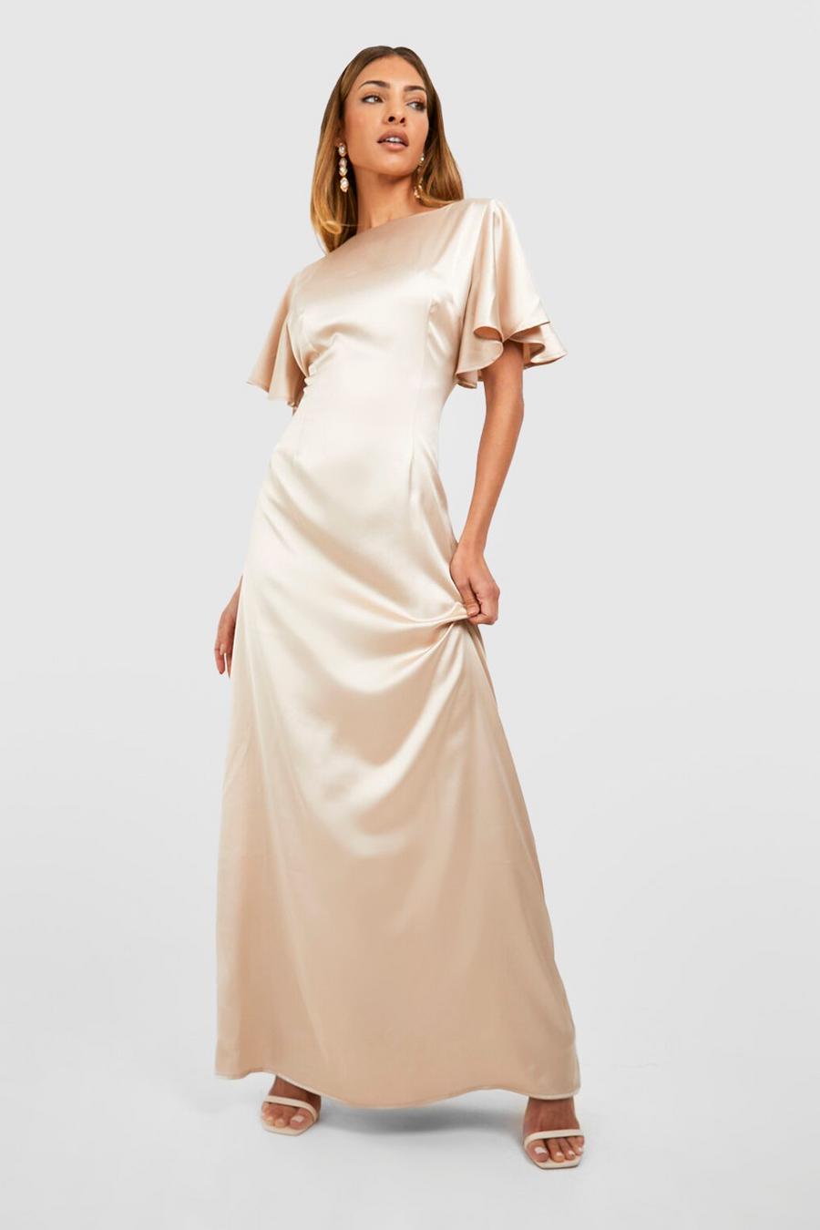 Champagne Satin Occasion Angel Sleeve Maxi Dress image number 1