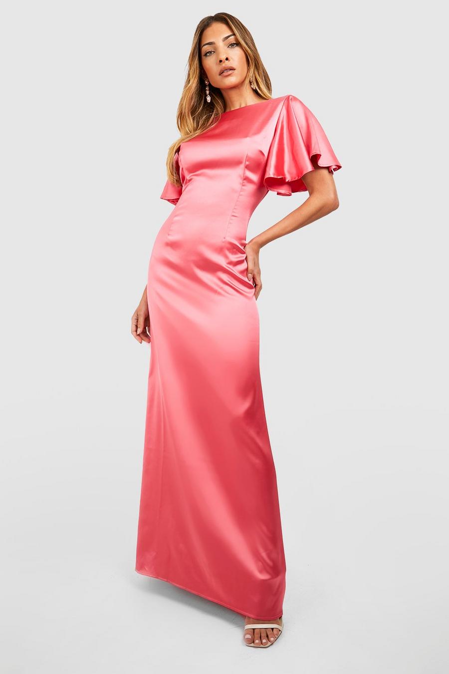 Hot pink Satin Occasion Angel Sleeve Maxi Dress image number 1