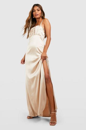 Champagne Beige Satin Occasion Ruched Slip Maxi Dress