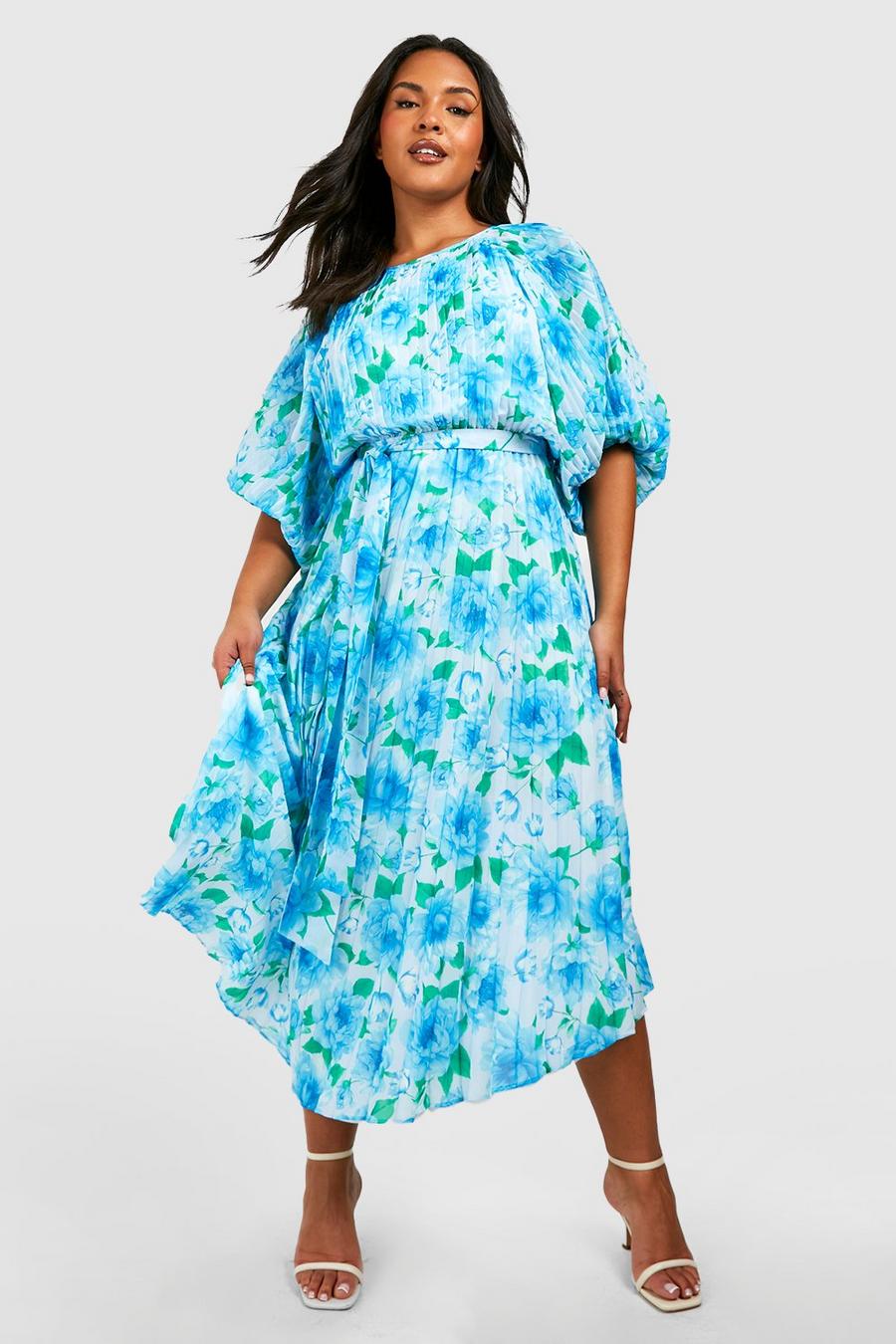 Blue Plus Floral Pleated Puff Sleeve Midi Dress