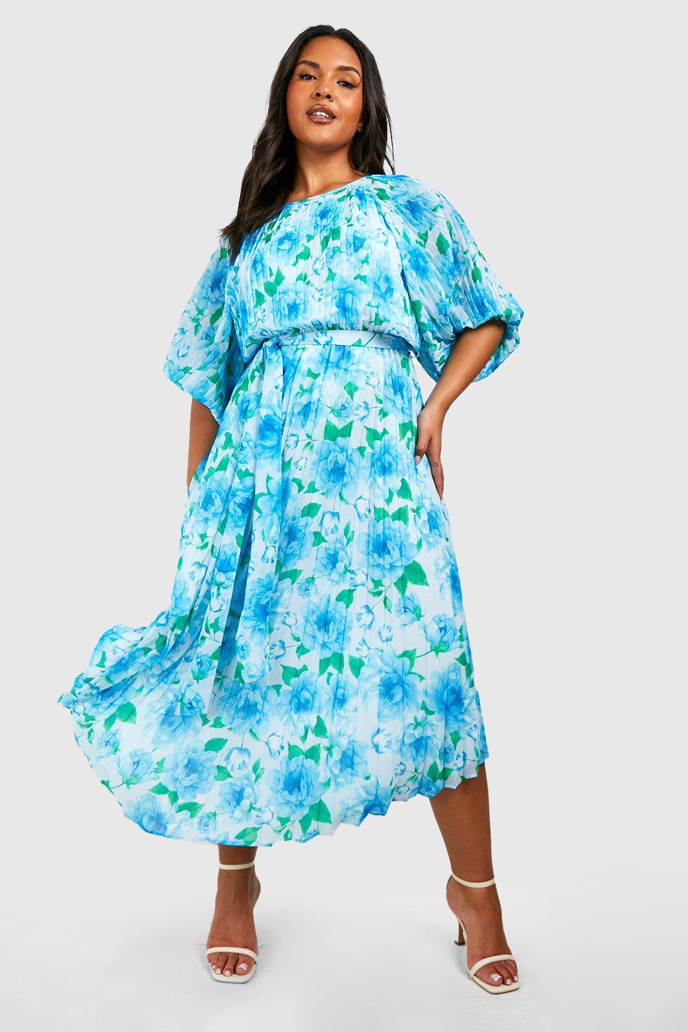 Women s Plus Floral Pleated Puff Sleeve Midi Dress Boohoo UK