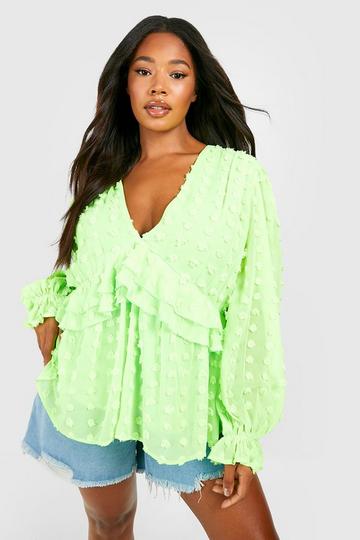 Plus Large Dobby Ruffle Chiffon Smock Top lime